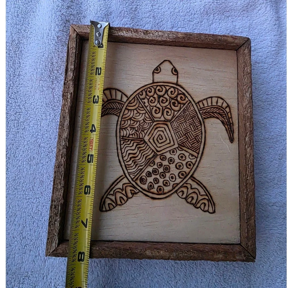 Handmade Wood Burned Sea Turtle Wall Art Rustic Reclaimed Wood Frame Pyrograp E3